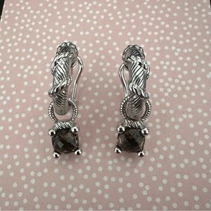 JUDITH RIPKA 925 STERLING ROPE STYLE HOOPS W SMOKY TOPAZ CHARM, 1 1/8” DROP